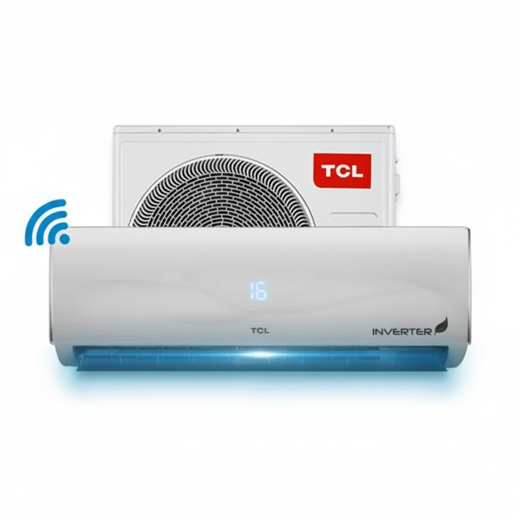TCL Climatiseur Inverter - rendu studio professionnel LED bleue